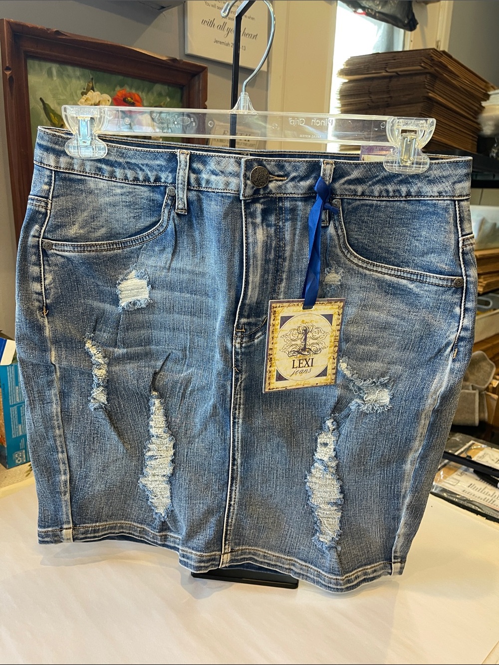 Lexi Jeans Size 12 Denim Distressed Skirt NWT Cotton Blend Stretch 19” Long